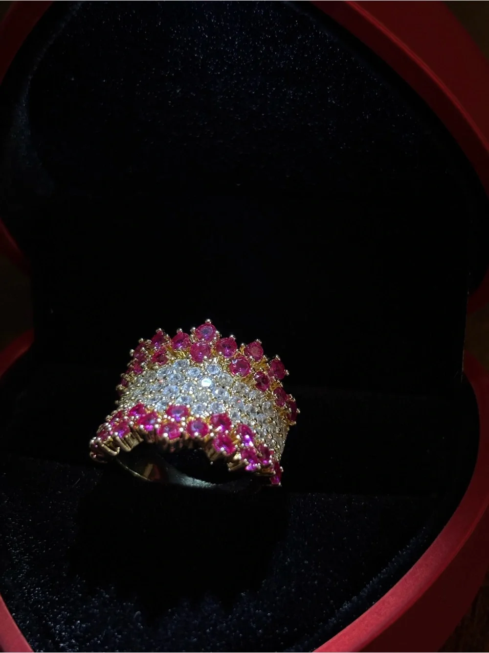 Gold Cocktail Ring with Pink Stones and Clear Accents